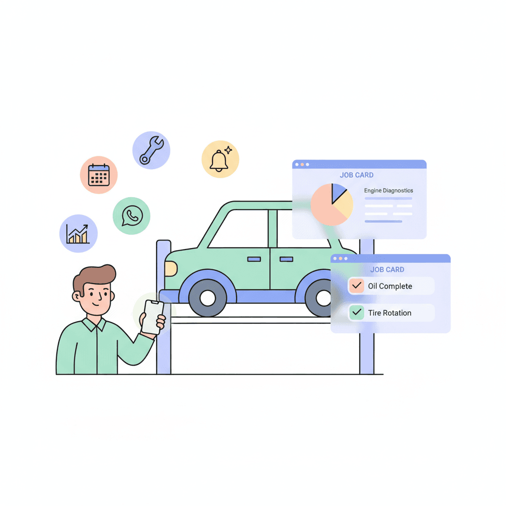 MekanykSync — mechanic with car and floating UI elements