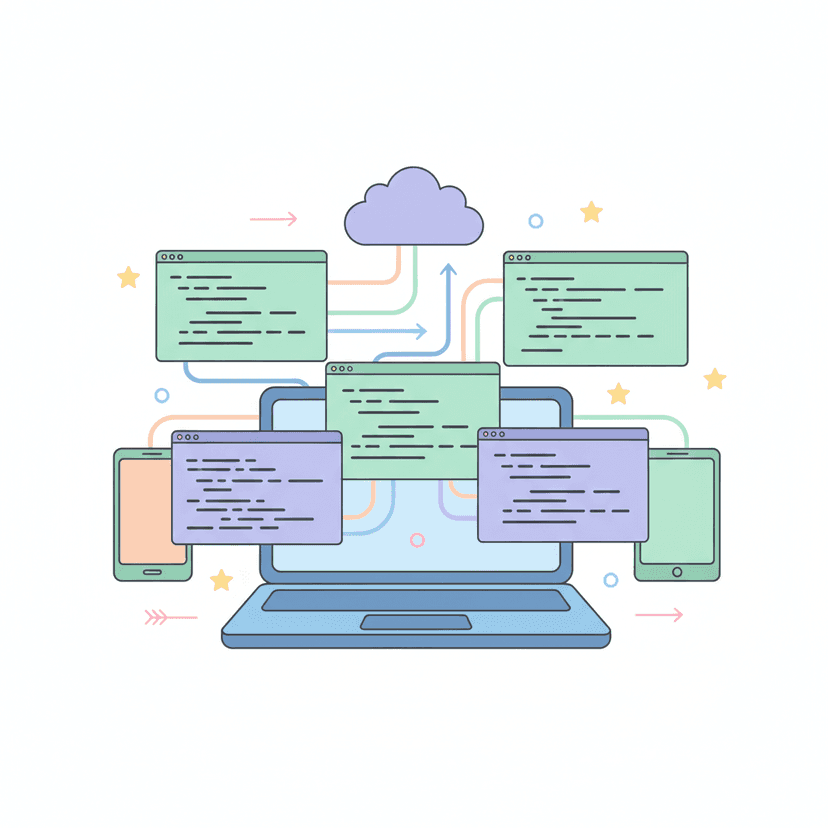 Custom software development — laptop with floating code windows